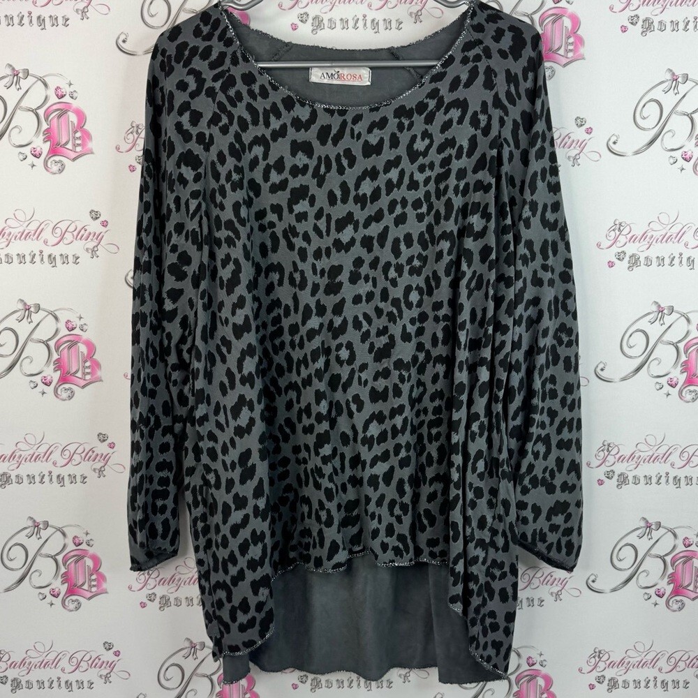 Amorosa long sleeve sparkly trim thread silver Gray Leopard Print Sweatshirt